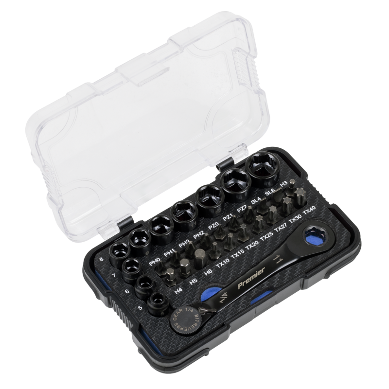 Sealey AK2112 Premier Black Go-Through Lock-On Low Profile Socket  Bit Set 1/4Sq Drive 31pc