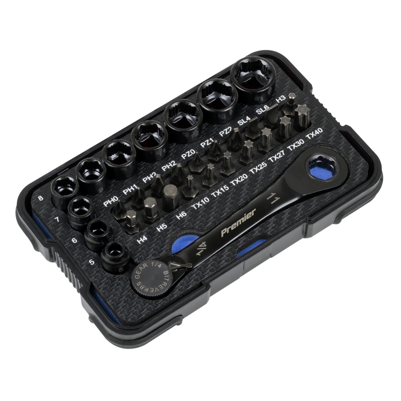 Sealey AK2112 Premier Black Go-Through Lock-On Low Profile Socket  Bit Set 1/4Sq Drive 31pc