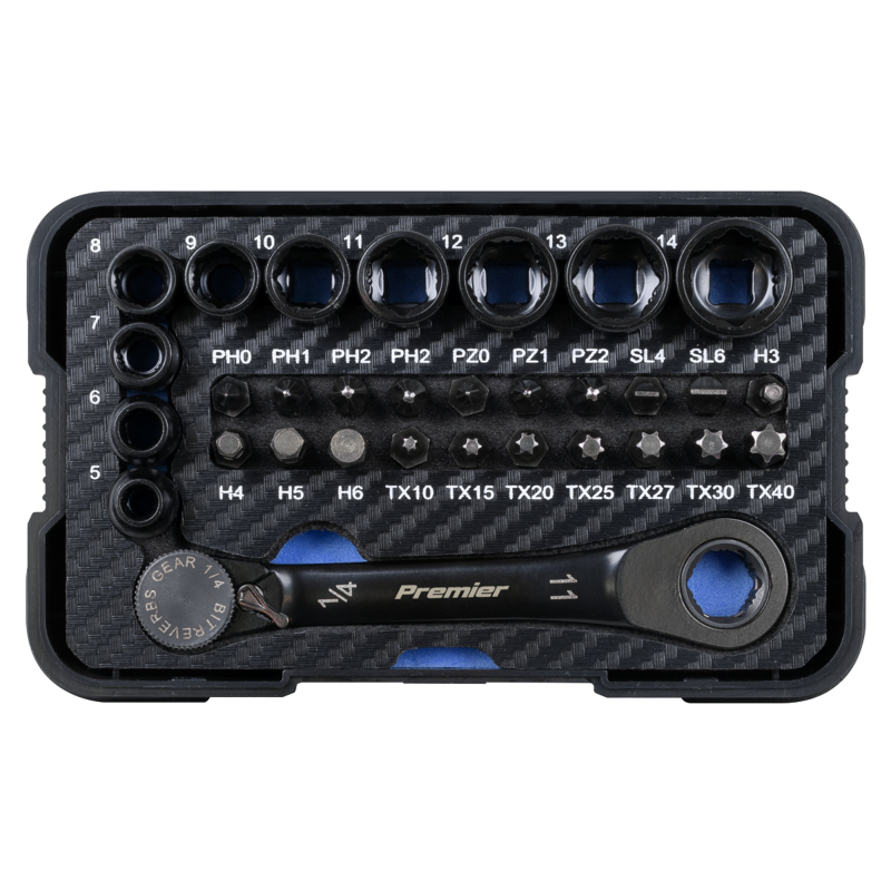 Sealey AK2112 Premier Black Go-Through Lock-On Low Profile Socket  Bit Set 1/4Sq Drive 31pc