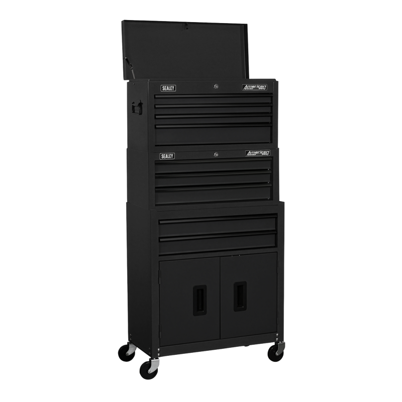 Sealey AP2200BKSTACK American PRO Topchest, Mid-Box Tool Chest Rollcab Stack 9 Drawer - Black
