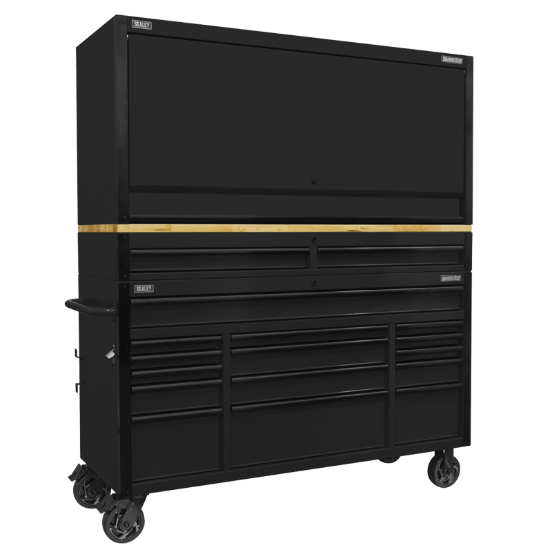 Sealey AP6215BECOMBO1 Superline PRO Black Edition Mobile Trolley with Wooden Worktop 15 Drawer, Hutch  2 Drawer Riser 1549mm