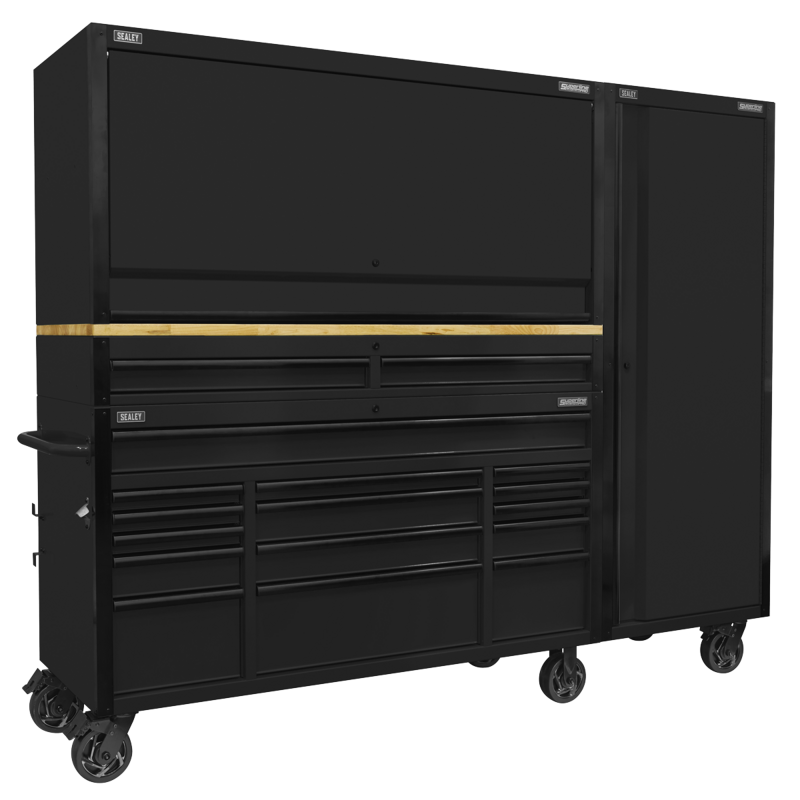 Sealey AP6215BECOMBO2 Superline PRO Black Edition Mobile Trolley with Wooden Worktop 15 Drawer, Hutch, 2 Drawer Riser  Side Locker 1549mm