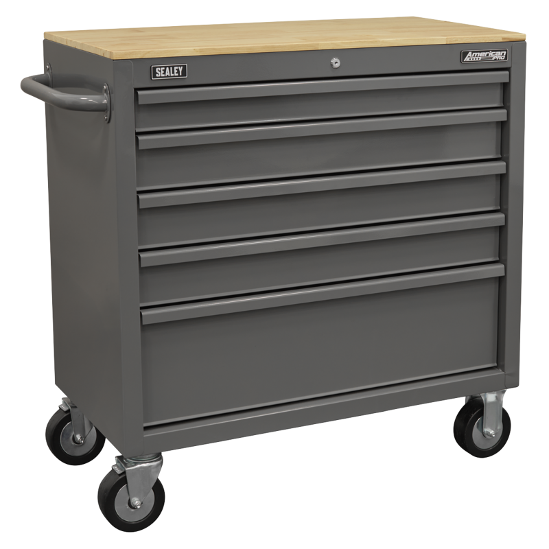 Sealey APMWS1G American PRO Mobile Workstation with Wooden Worktop 5 Drawer - Grey