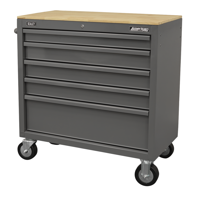 Sealey APMWS1G American PRO Mobile Workstation with Wooden Worktop 5 Drawer - Grey