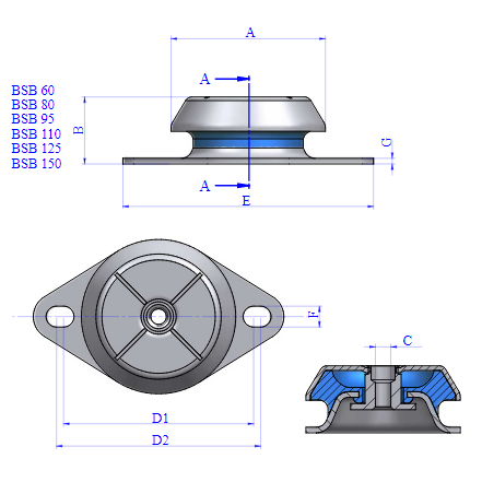BSB125 Shore 50 Rubber Metal Anti Vibration Mount