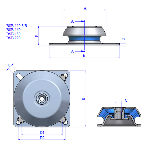 BSB150S.B Shore 50 M16 Square Base Rubber Metal Anti Vibration Mount