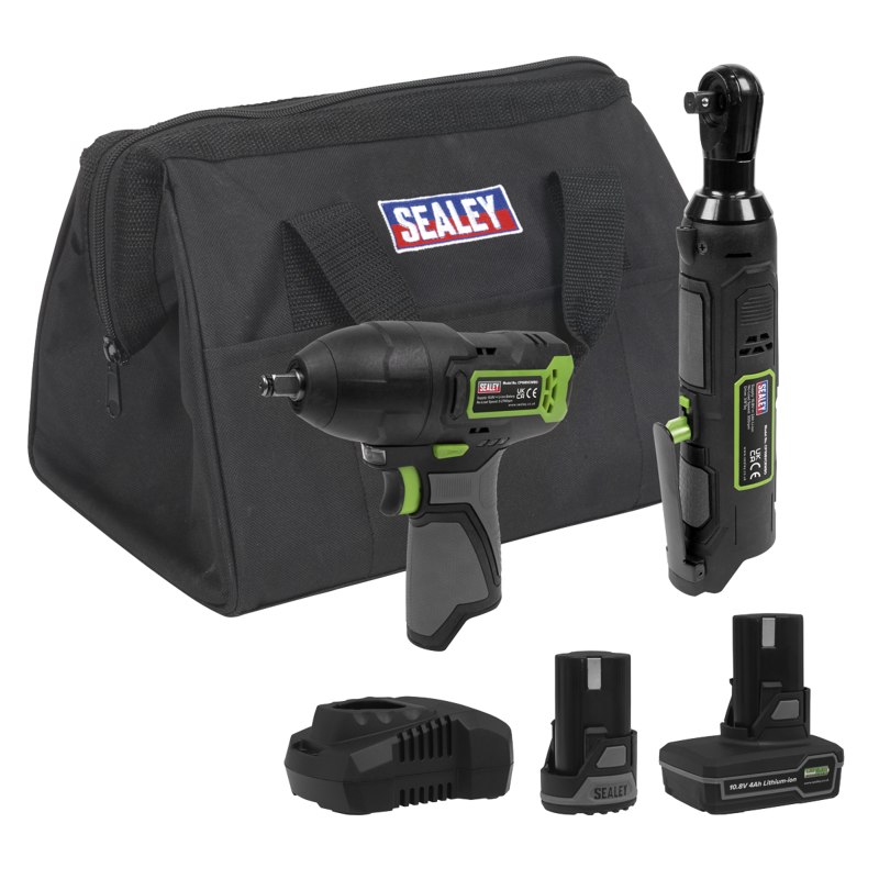 Sealey CP108VCOMBO6EU 2 x 10.8V SV10.8 Series Impact Wrench Ratchet Wrench Kit - 2 Batteries Euro Plug