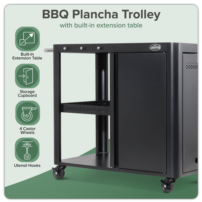 Sealey DG282 Dellonda BBQ/Plancha Workstation Trolley with Cupboard, Extension Table  Utensil Hooks, Black