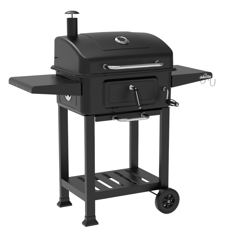 Sealey DG283 Dellonda Charcoal Grill BBQ Smoker and Trolley with 2 Side Shelves - Black