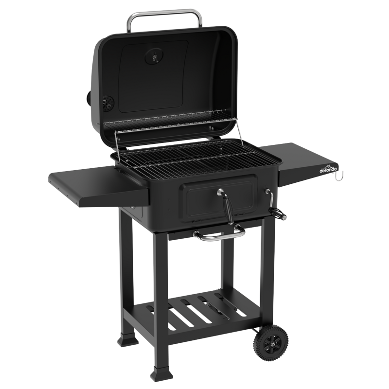 Sealey DG283 Dellonda Charcoal Grill BBQ Smoker and Trolley with 2 Side Shelves - Black