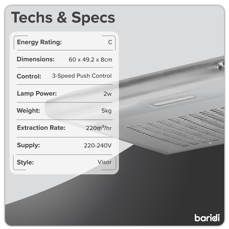 Sealey DH108 Baridi Visor Cooker Hood Extractor Fan 60cm - Stainless Steel