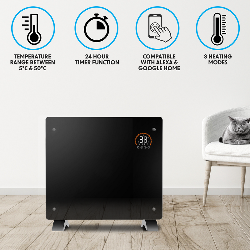 Sealey DH135 Baridi, Electric Glass Panel Heater, 1000W, Wi-Fi Enabled, Black - DH135