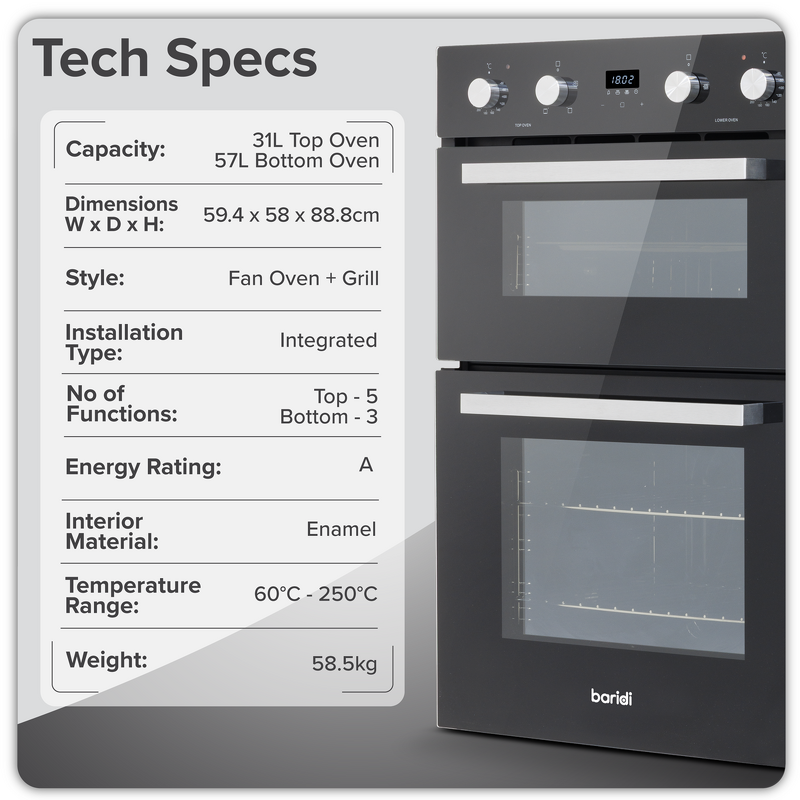 Sealey DH279 Baridi 90cm Built-In Double Oven, 88L Capacity, Energy Rating A - Black