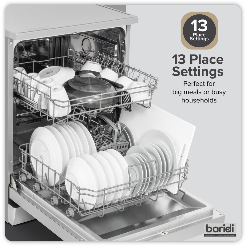 Sealey DH280 Baridi Regular Sized Freestanding Dishwasher 60cm Wide 13 Place Settings - Silver