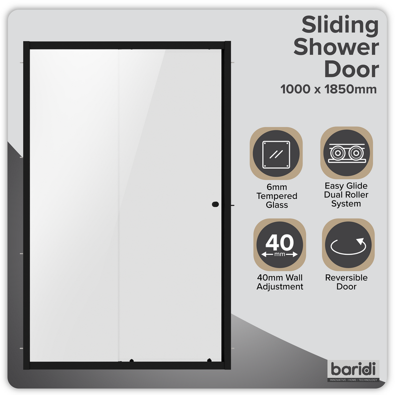 Sealey DH293 Sliding Shower Door 1000 x 1850mm, 6mm Tempered Glass, Reversible - Black
