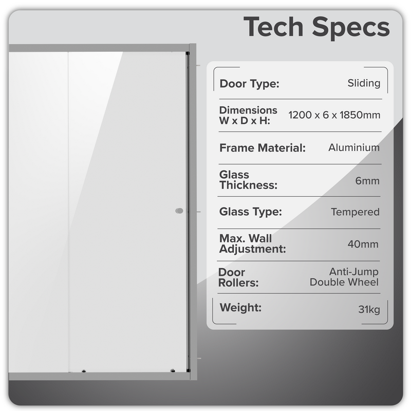 Sealey DH295 Sliding Shower Door 1200 x 1850mm, 6mm Tempered Glass, Reversible - Black