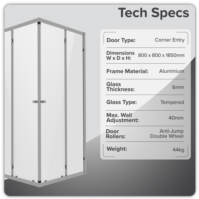 Sealey DH298 Corner Shower Entry Enclosure 800 x 800 x 1850mm with 6mm Tempered Glass - Chrome