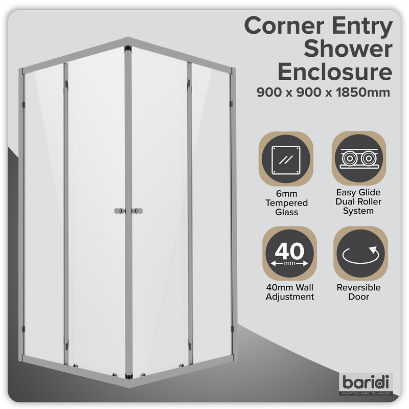 Sealey DH299 Corner Shower Entry Enclosure 900 x 900 x 1850mm with 6mm Tempered Glass - Chrome