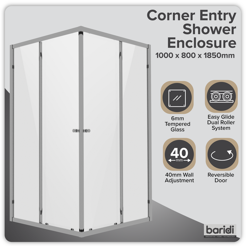 Sealey DH300 Corner Shower Entry Enclosure 1000 x 800 x 1850mm with 6mm Tempered Glass - Chrome