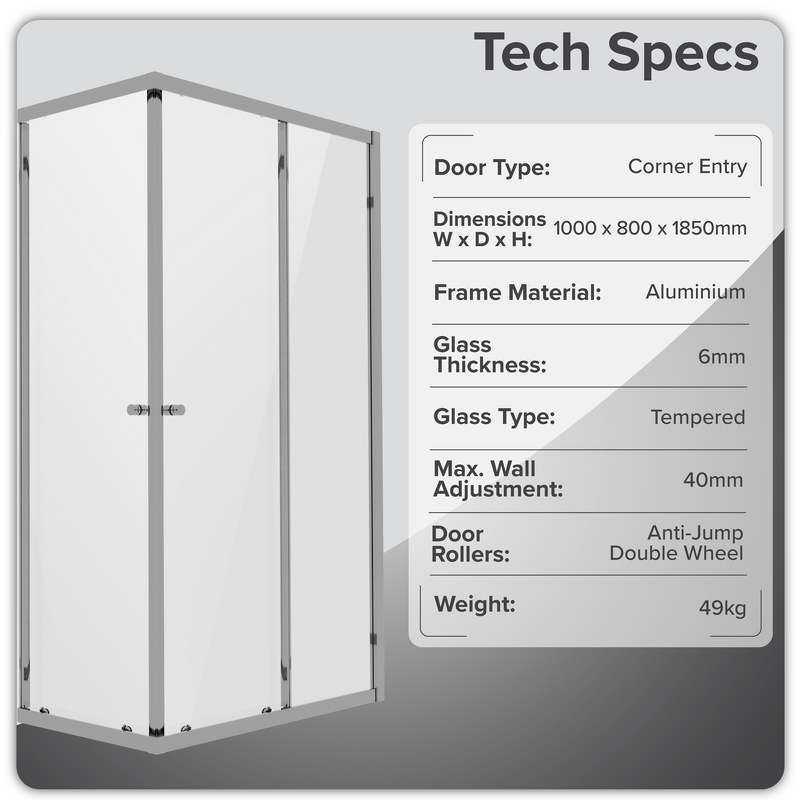Sealey DH300 Corner Shower Entry Enclosure 1000 x 800 x 1850mm with 6mm Tempered Glass - Chrome