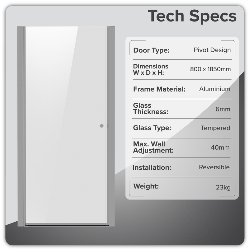 Sealey DH303 Pivot Shower Door 800 x 1850mm, 6mm Tempered Glass, Reversible - Chrome
