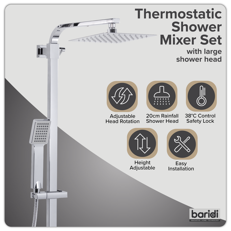 Sealey DH316 Thermostatic Shower Mixer Set, 20x20cm Square Head, Adjustable Rail - Chrome