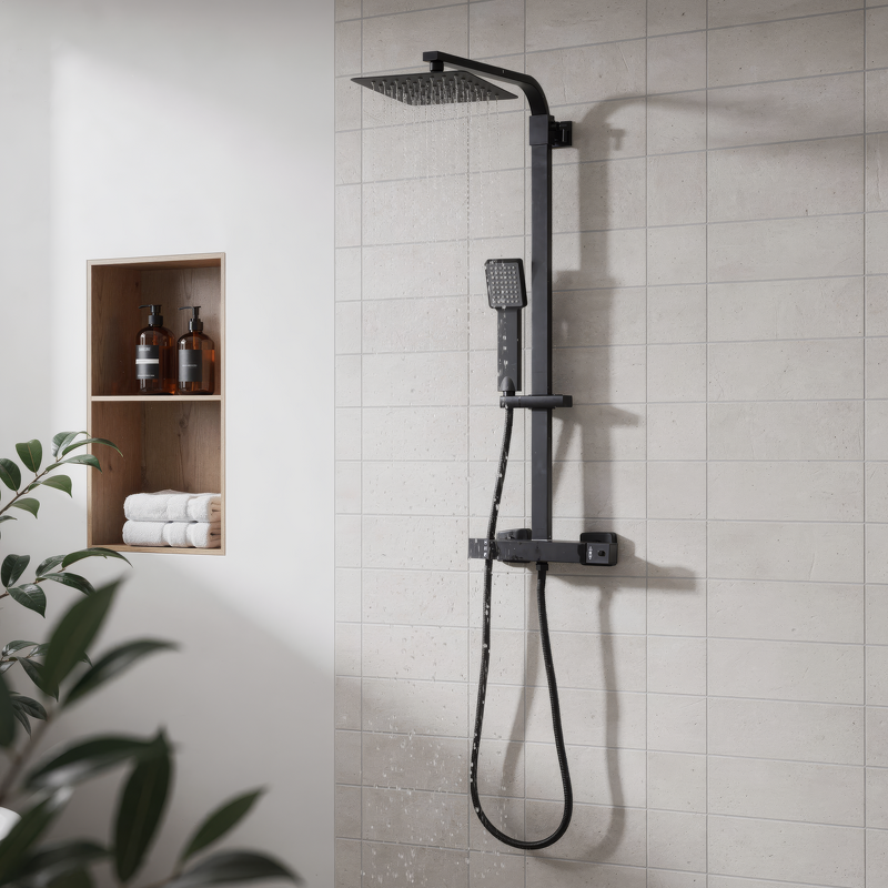 Sealey DH317 Thermostatic Shower Mixer Set, 20x20cm Square Head, Adjustable Rail - Black