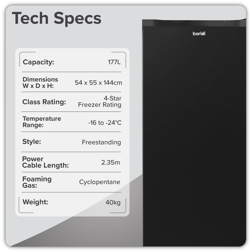 Sealey DH325 Freestanding Tall Freezer 177L Capacity  Black