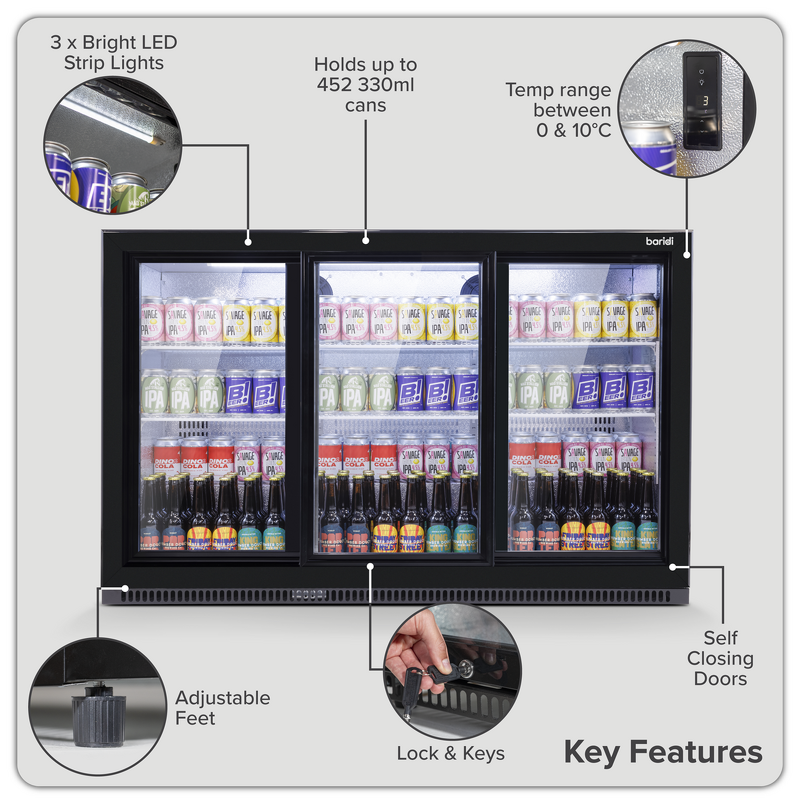 Sealey DH337 Baridi Back Bar Drinks Fridge/Cooler with Triple Sliding Door Security Lock 307L - Black