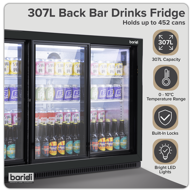 Sealey DH337 Baridi Back Bar Drinks Fridge/Cooler with Triple Sliding Door Security Lock 307L - Black