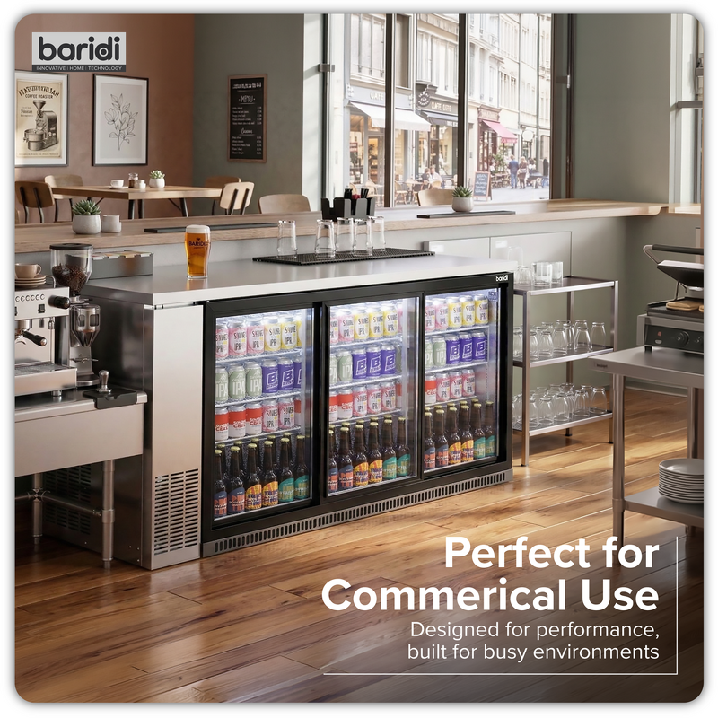Sealey DH337 Baridi Back Bar Drinks Fridge/Cooler with Triple Sliding Door Security Lock 307L - Black