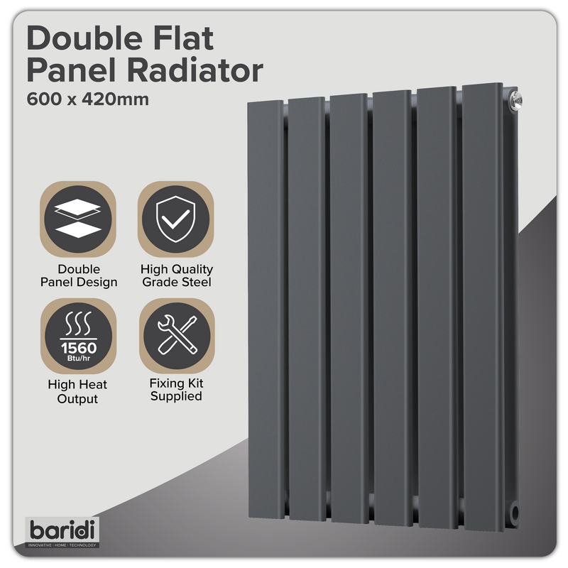 Sealey DH338 Baridi Horizontal Radiator Contemporary Double Flat Panel Design 420 x 600mm Anthracite