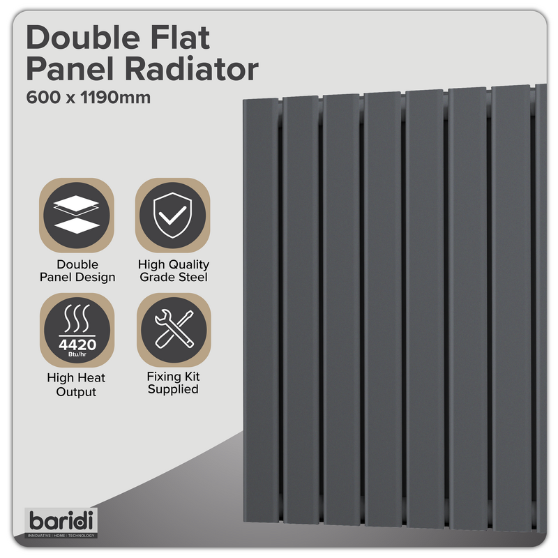 Sealey DH342 Baridi Horizontal Radiator Contemporary Double Flat Panel Design 600 x 1190mm Anthracite