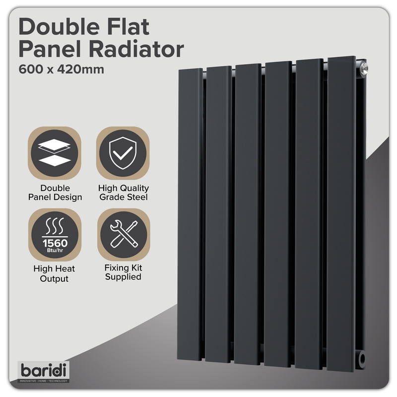 Sealey DH343 Baridi Horizontal Radiator Contemporary Double Flat Panel Design 600 x 420mm Black