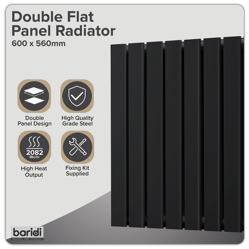 Sealey DH344 Baridi Horizontal Radiator Contemporary Double Flat Panel Design 600 x 560mm Black