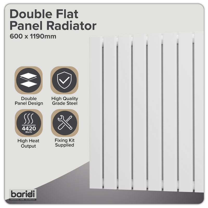 Sealey DH352 Baridi Horizontal Radiator Contemporary Double Flat Panel Design 600 x 1190mm White