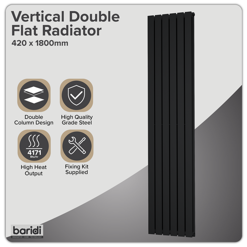 Sealey DH354 Baridi Vertical Radiator Contemporary Double Flat Panel Design 420 x 1800mm Black
