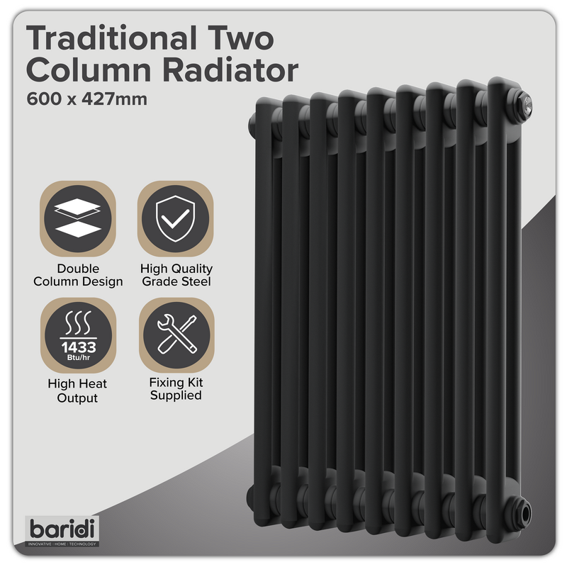 Sealey DH361 Baridi Horizontal Traditional 2 Column Radiator 600 x 427mm Black