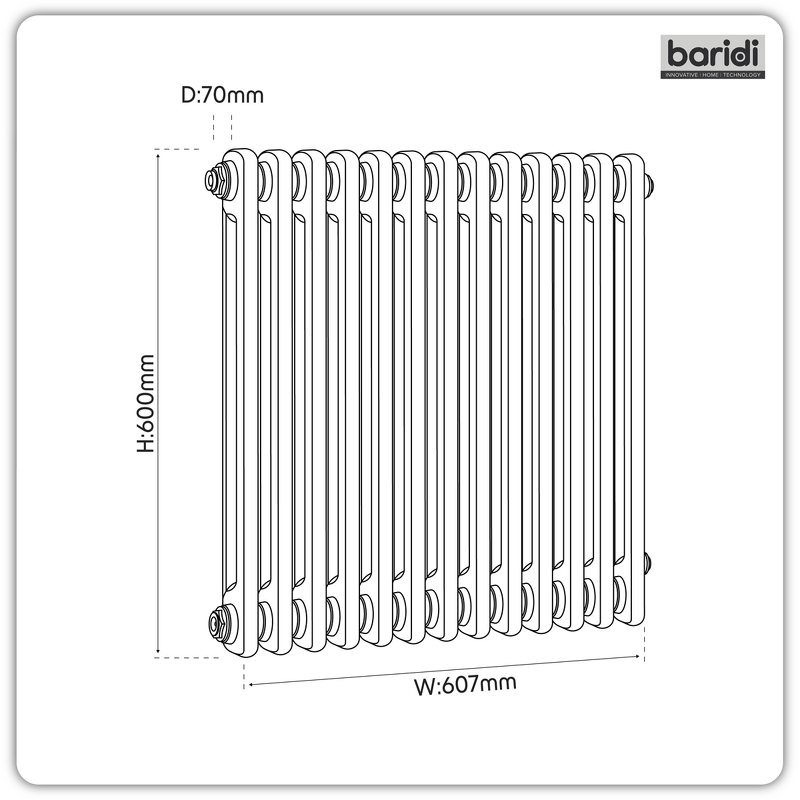 Sealey DH362 Baridi Horizontal Traditional 2 Column Radiator 600 x 607mm Black