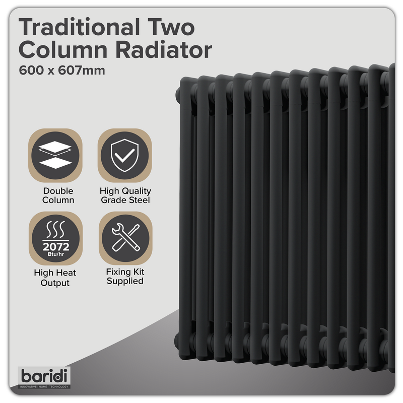 Sealey DH362 Baridi Horizontal Traditional 2 Column Radiator 600 x 607mm Black