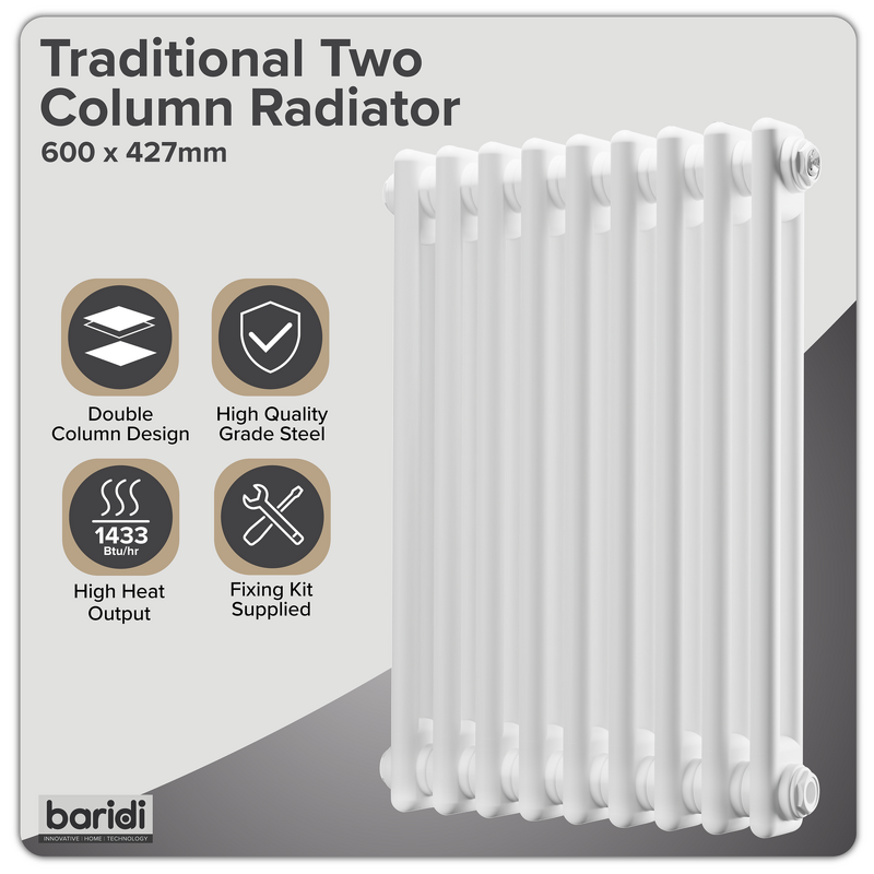 Sealey DH366 Baridi Horizontal Traditional 2 Column Radiator 600 x 427mm White