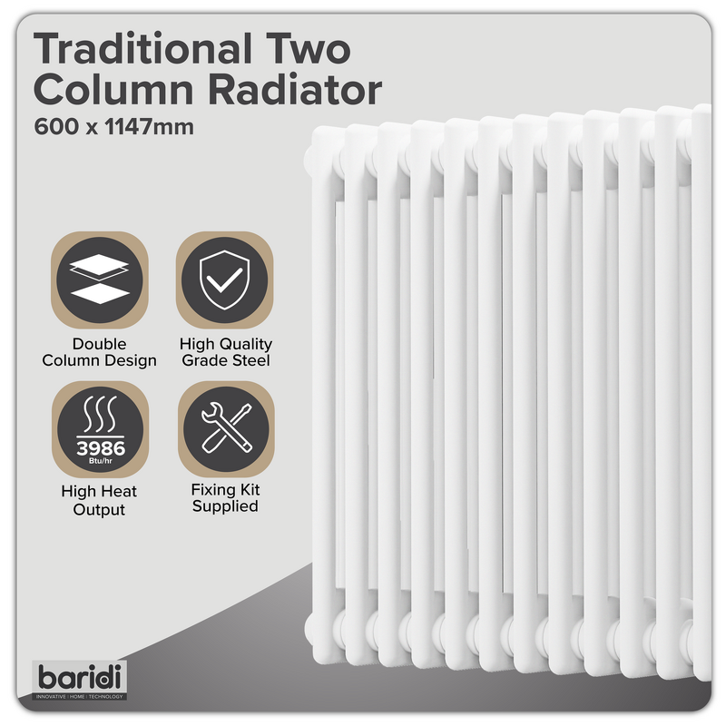 Sealey DH370 Baridi Horizontal Traditional 2 Column Radiator 600 x 1147mm White