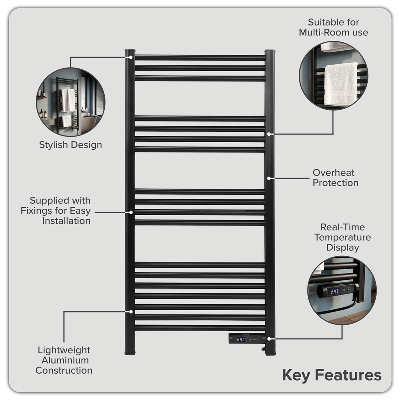 Sealey DH371 Baridi Electric Heated Towel Rail 1085 x 535mm with LED Display  Black