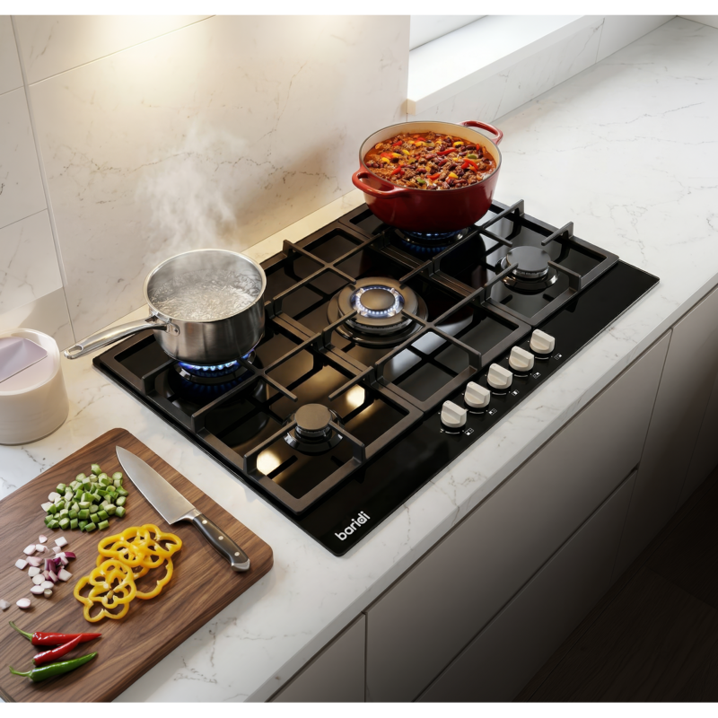 Sealey DH383 Baridi 90cm Gas Hob Black Glass with 5 Burners, Cast Iron Supports Auto Ignition 11kW