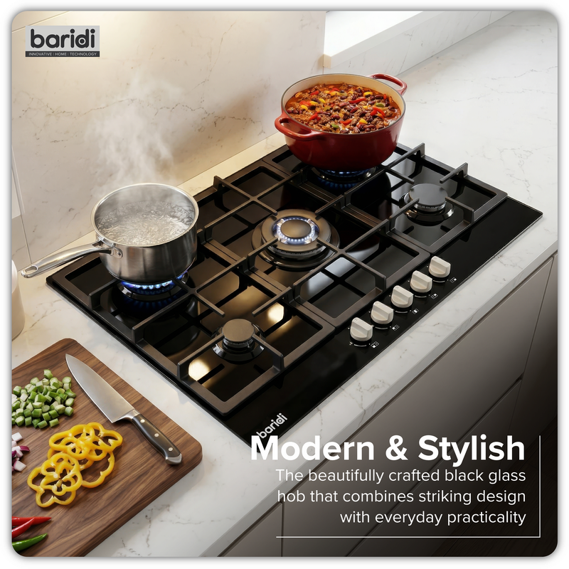 Sealey DH383 Baridi 90cm Gas Hob Black Glass with 5 Burners, Cast Iron Supports Auto Ignition 11kW