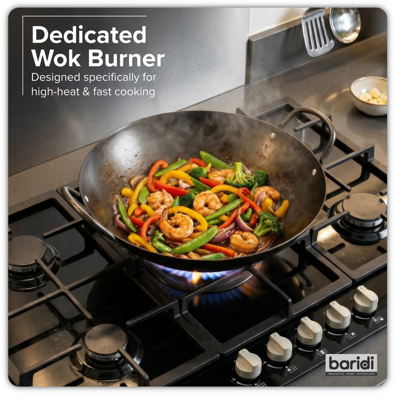 Sealey DH383 Baridi 90cm Gas Hob Black Glass with 5 Burners, Cast Iron Supports Auto Ignition 11kW