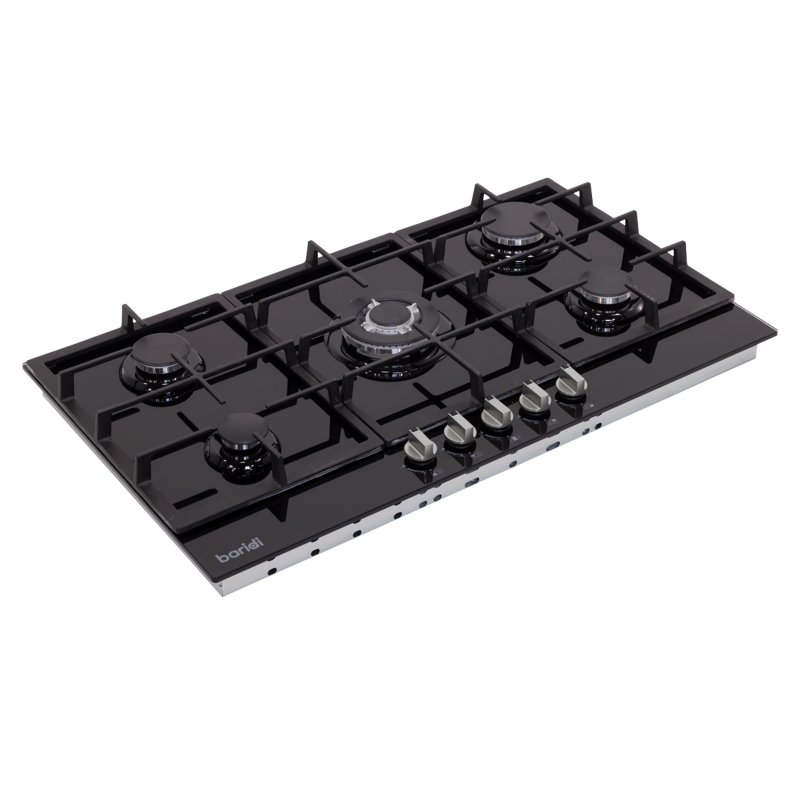 Sealey DH383 Baridi 90cm Gas Hob Black Glass with 5 Burners, Cast Iron Supports Auto Ignition 11kW
