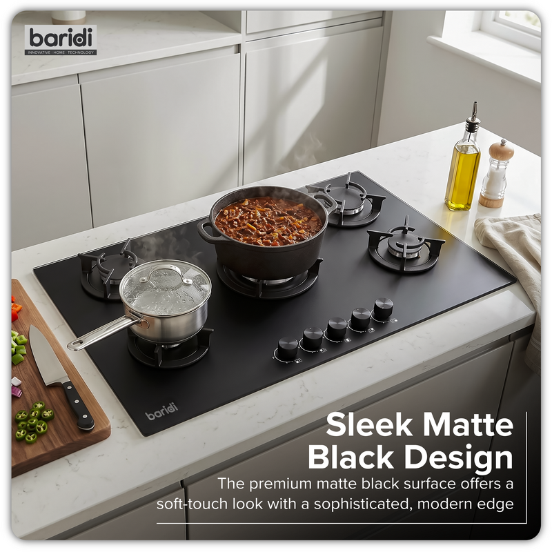 Sealey DH385 Baridi 90cm Gas Hob Matt Black 5 Burners Cast Iron Supports  Auto Ignition 10.4kW