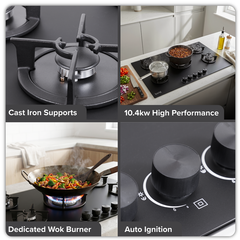 Sealey DH385 Baridi 90cm Gas Hob Matt Black 5 Burners Cast Iron Supports  Auto Ignition 10.4kW