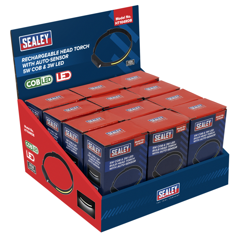 Sealey HT104RDB Rechargeable Head Torch with Auto-Sensor 5W COB  3W LED - Display Box of 12